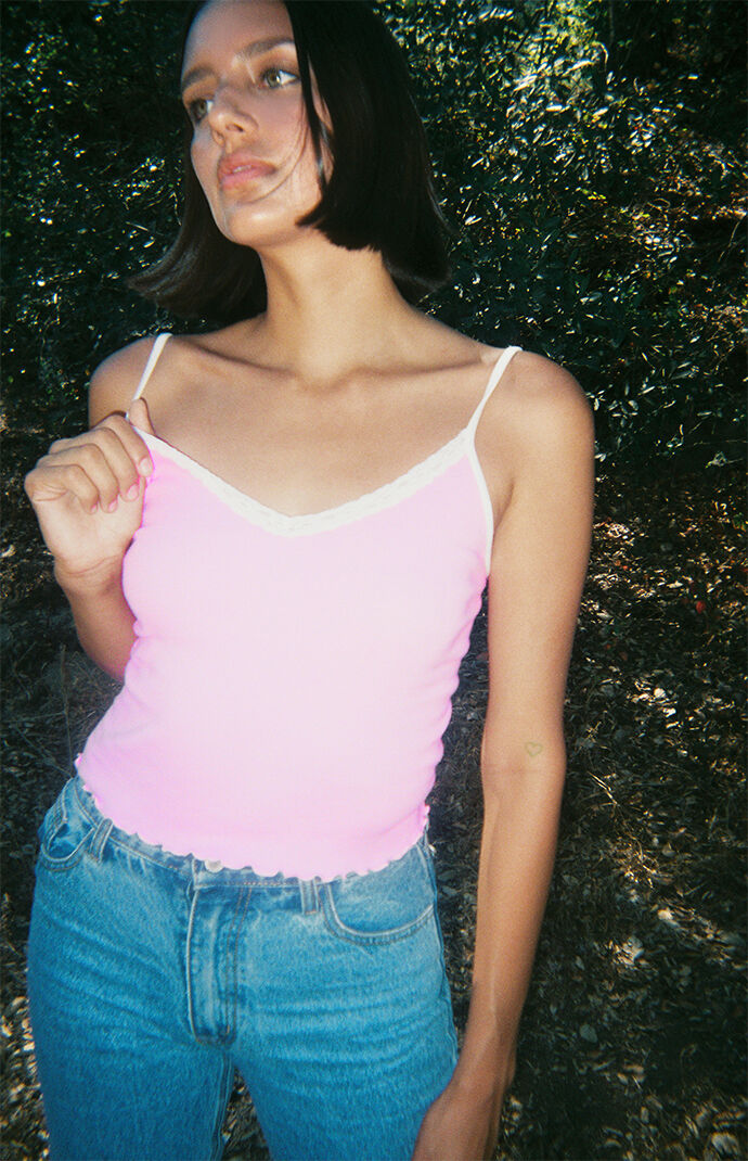 John Galt Pink White Nicolette Lace Tank Top PacSun