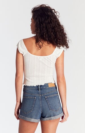 Dark Indigo Roll Cuff Denim Mom Shorts image number 4