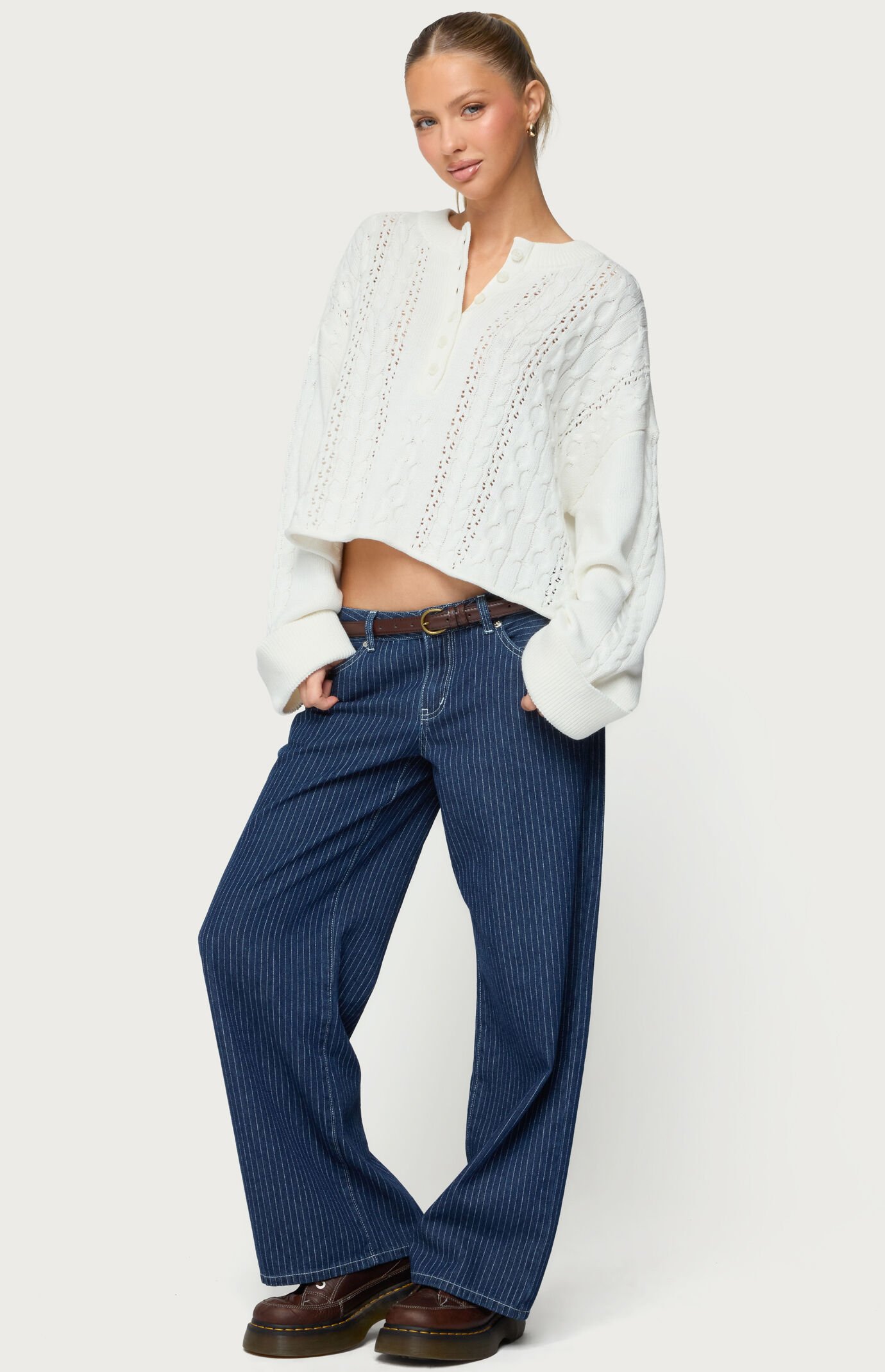 Edikted Petite Pinstripe Low Rise Baggy Jeans