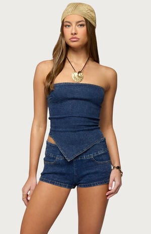 Zaida Asymmetric Denim Strapless Top image number 1