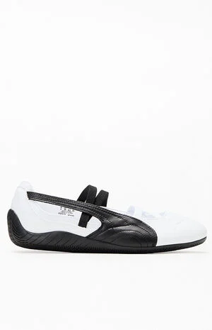 Women's White & Black Leather Speedcat Ballet Sneakers image number 1
