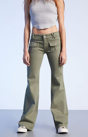 Olive Low Rise Cargo Flare Pants image number 2