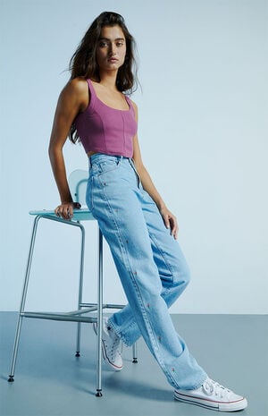 Eco Light Blue Dainty Flower Dad Jeans image number 1