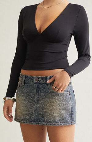 Dark Blue Tint Rhinestone Low Rise Denim Micro Mini Skirt image number 2