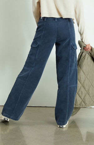 Navy Corduroy Low Rise Puddle Cargo Pants image number 4