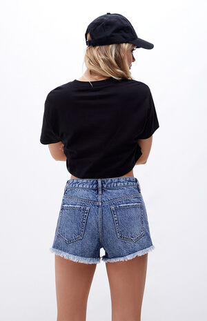 Eco Dark Blue High Waisted Denim Festival Shorts image number 3