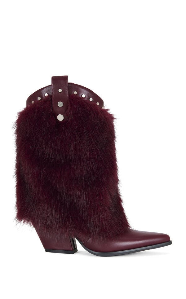 AZALEA WANG Women's Violetta Burgundy Faux Fur Western Booties