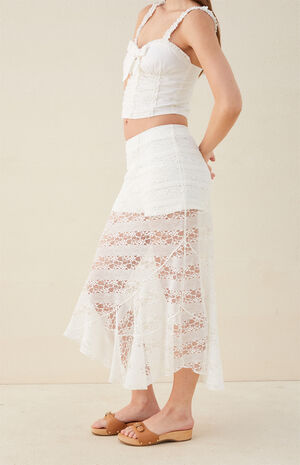 Sheer Asymmetrical Lace Midi Skirt image number 3