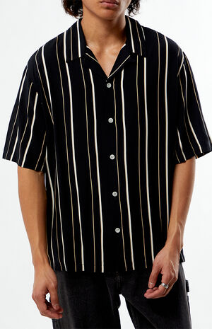 Black Striped Oversized Camp Shirt image number 2