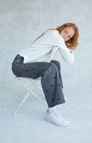 By PacSun Black Embroidered High Waisted Baggy Jeans image number 2