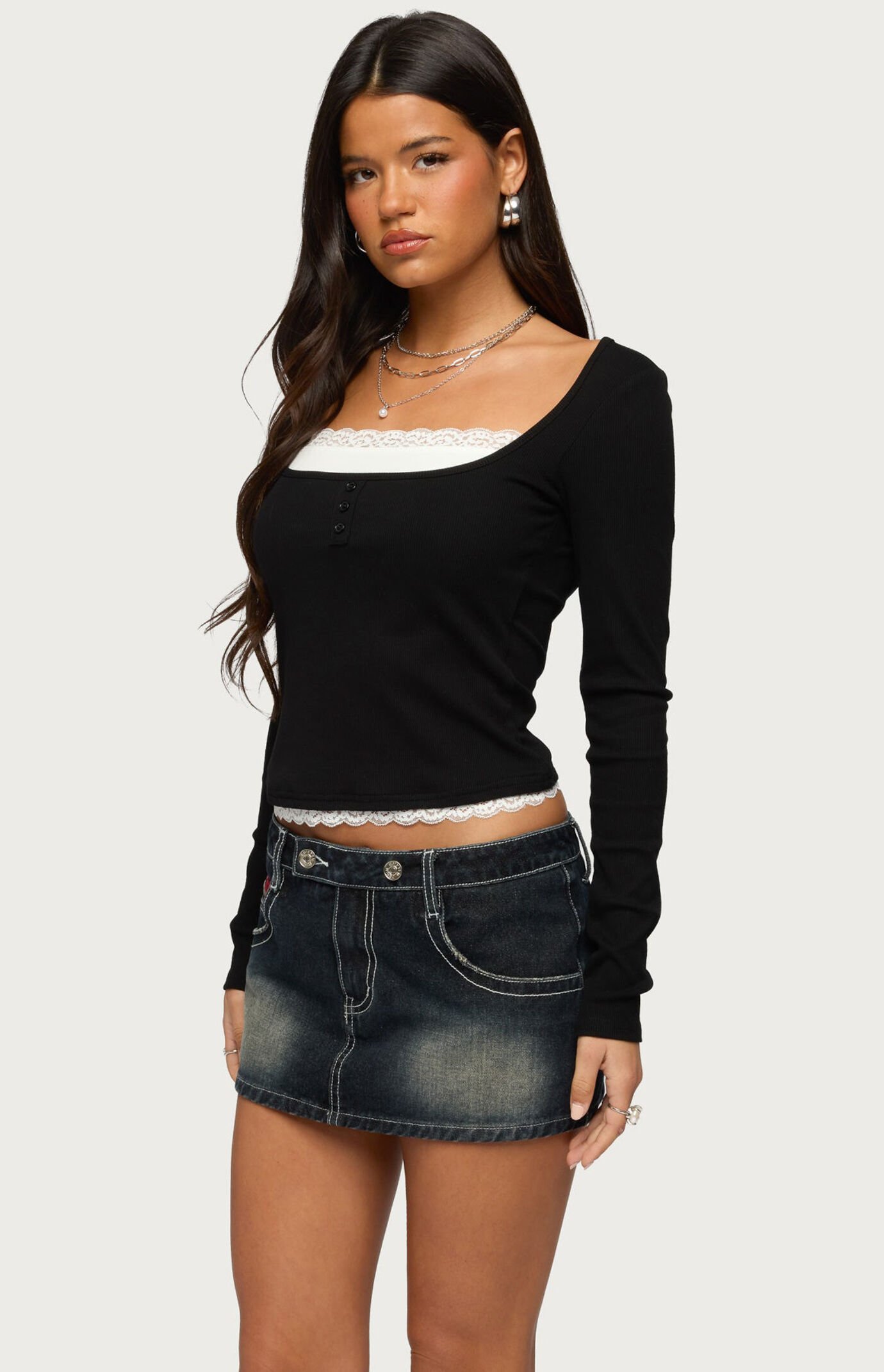 Edikted Joana Layered Lacey Henley Top