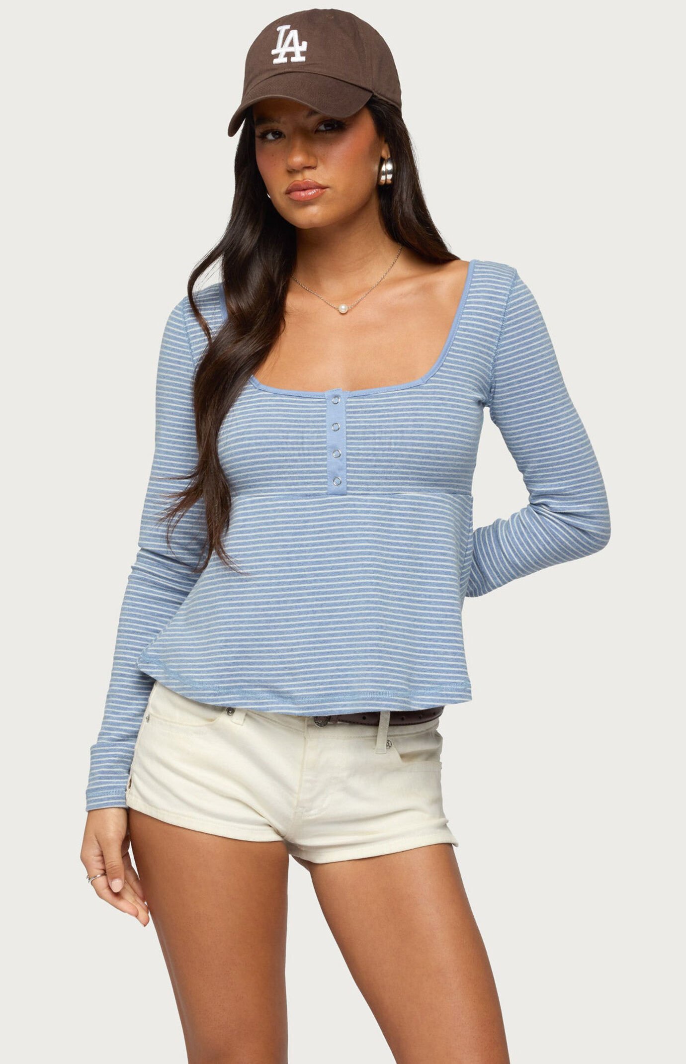 Edikted Sare Striped Babydoll Henley Top