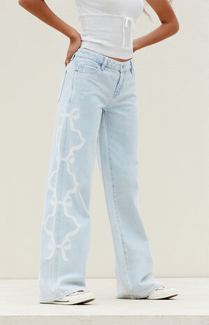 Light Indigo Bow Low Rise Baggy Jeans image number 1