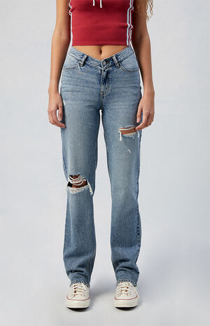 Medium Indigo Ripped V Dip '90s Boyfriend Jeans image number 1