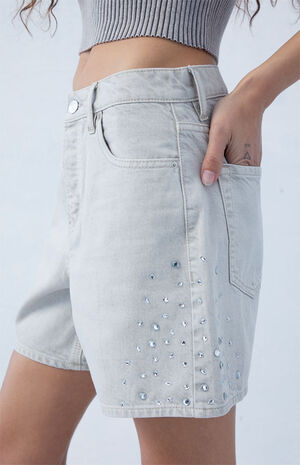 Eco Gray Rhinestone High Waisted Relaxed Jorts image number 2