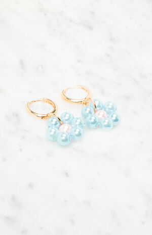Pearl Daisy Drop Hoop Earrings image number 2