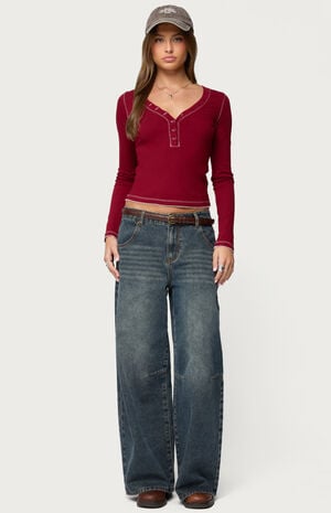 Yael Contrast Stitch Henley Top image number 4