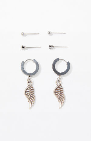 3 Pack Silver Angel Wing Earrings image number 1