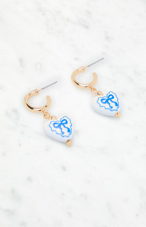Blue Bow Heart Drop Hoop Earrings image number 2