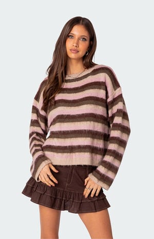Oversized Fuzzy Striped Sweater image number 1