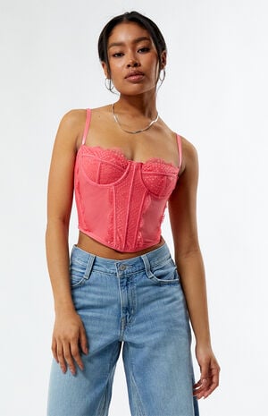 LA Hearts Lace Trim Mesh Corset Top | PacSun