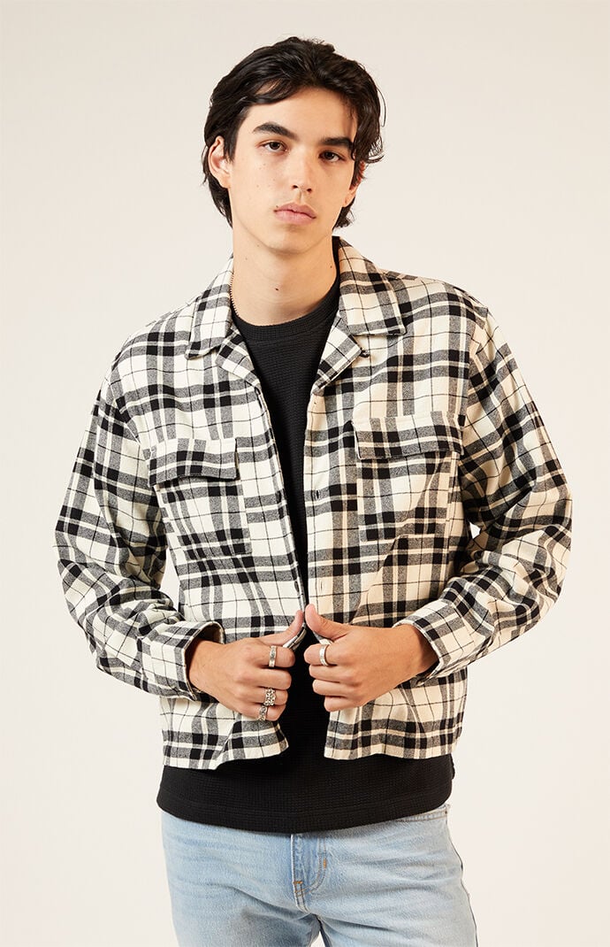 Pacsun Men s Black White Washed Cropped Camp Flannel Shirt in Black White Size Medium