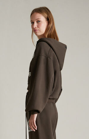 Women's Brown Heavy Fleece Cropped V-Neck Hoodie image number 3