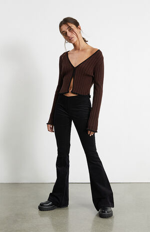 Black Low Rise Corduroy Flare Pants image number 1