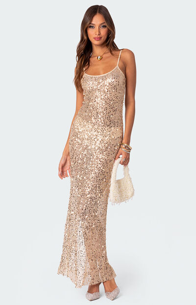 Sergio Elegant Contour Long Sleeve Mesh Shawl Sequin Maxi Dress
