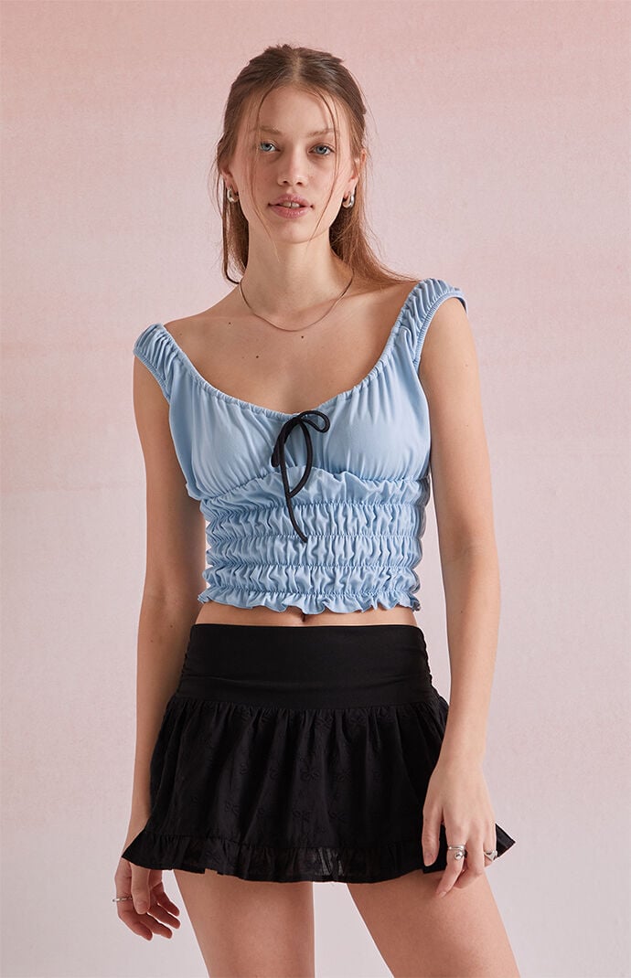 【MUCENT】STRIA PUNCHING EYELET BANDING MINI SKIRT★25SS★ Beverly and Beck Eyelet Bow Micro Mini Skort | PacSun