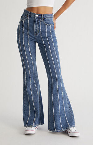 Eco Medium Blue Frayed Stripe High Waisted Flare Jeans image number 2