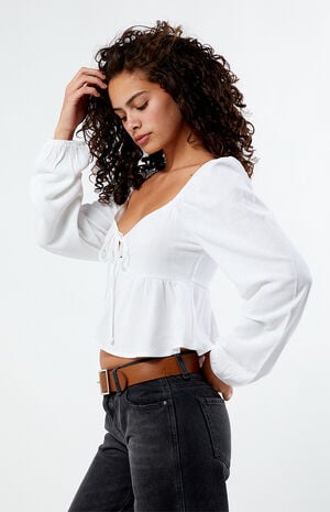 Long Sleeve Keyhole Linen Babydoll Top image number 2