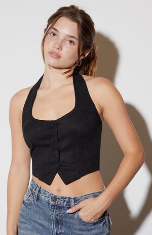 Faux Suede Button Halter Top image number 1