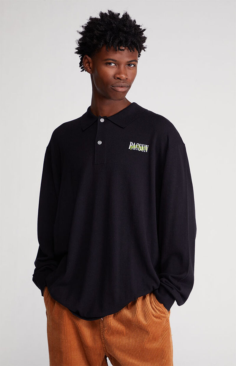 PacSun Men's Long Sleeve Embroidered Sweater Polo (Black)