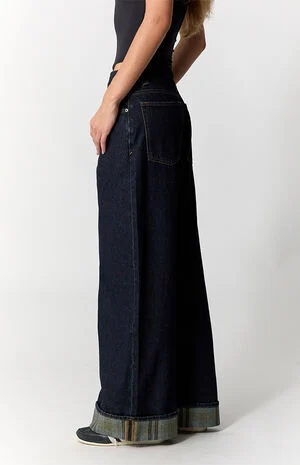 Sloane Low Rise Ultra Baggy Jeans Plaid Roll Cuff Dark Blue image number 3