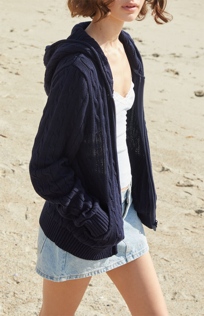 John Galt Navy Cable Knit Zip Up Hooded Sweater | PacSun