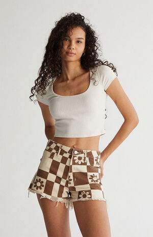 Eco Flower Checkerboard&nbsp;High Waisted Denim Festival Shorts image number 1