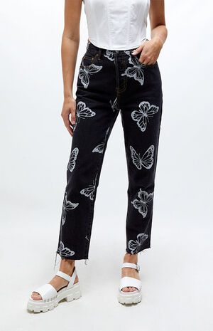 Black Butterfly High Waisted Straight Leg Jeans image number 1