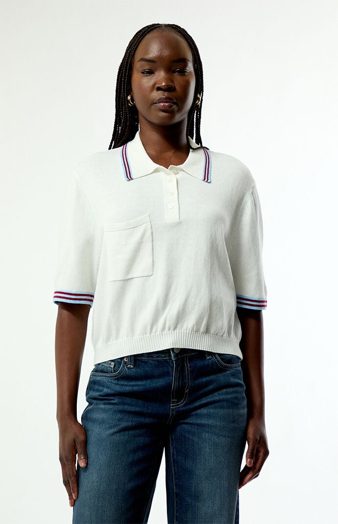 WEWOREWHAT Striped Polo Henley Short Sleeve Sweater