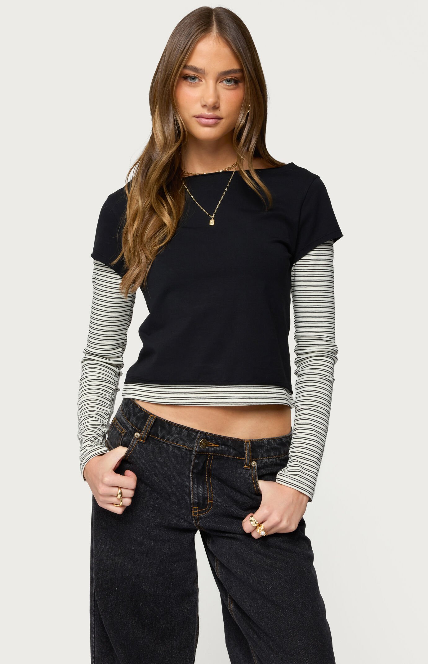 Edikted Layered Stripey Long Sleeve T-Shirt