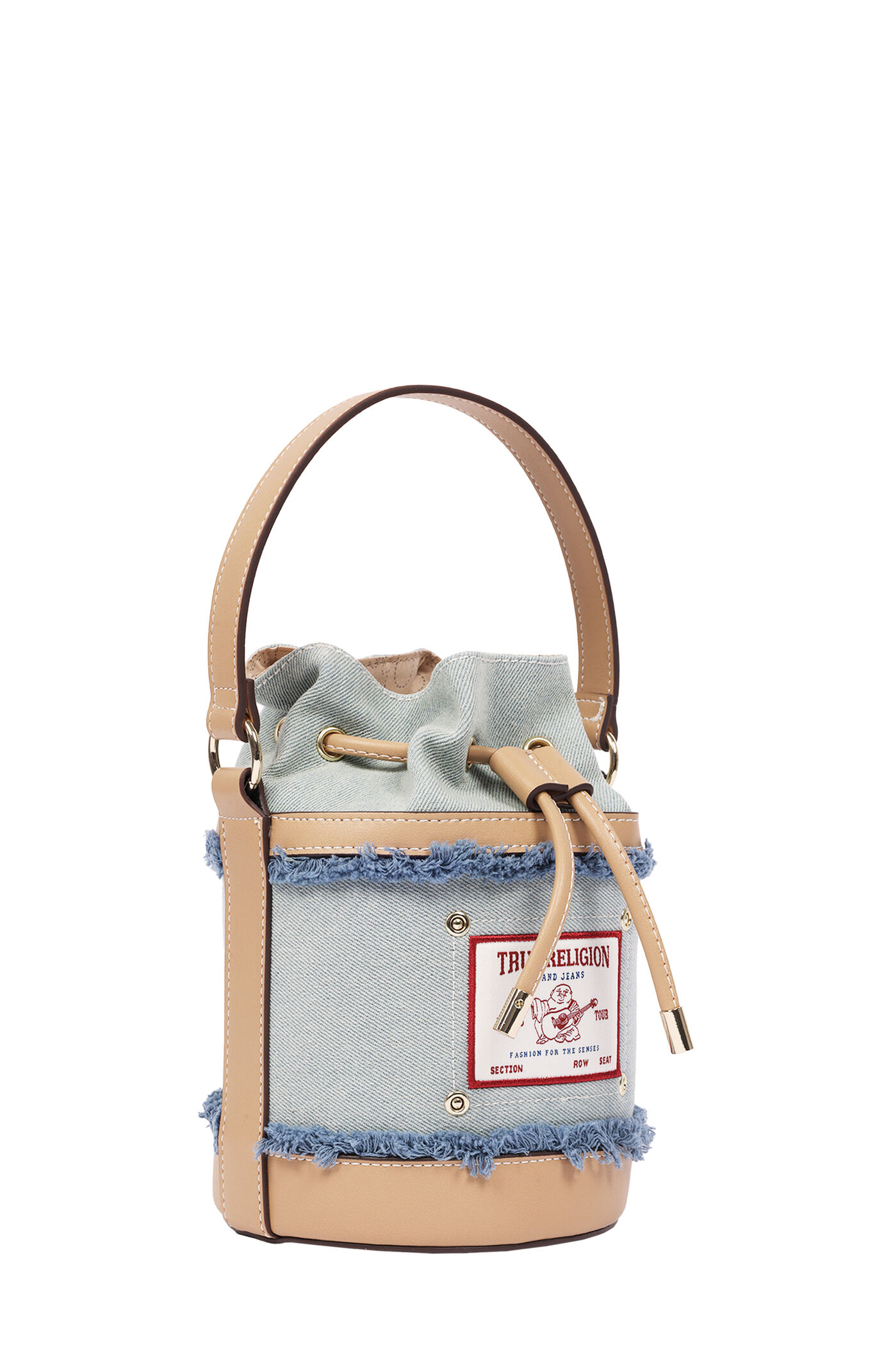 True Religion Buddha Patch Frayed Denim Bucket Bag