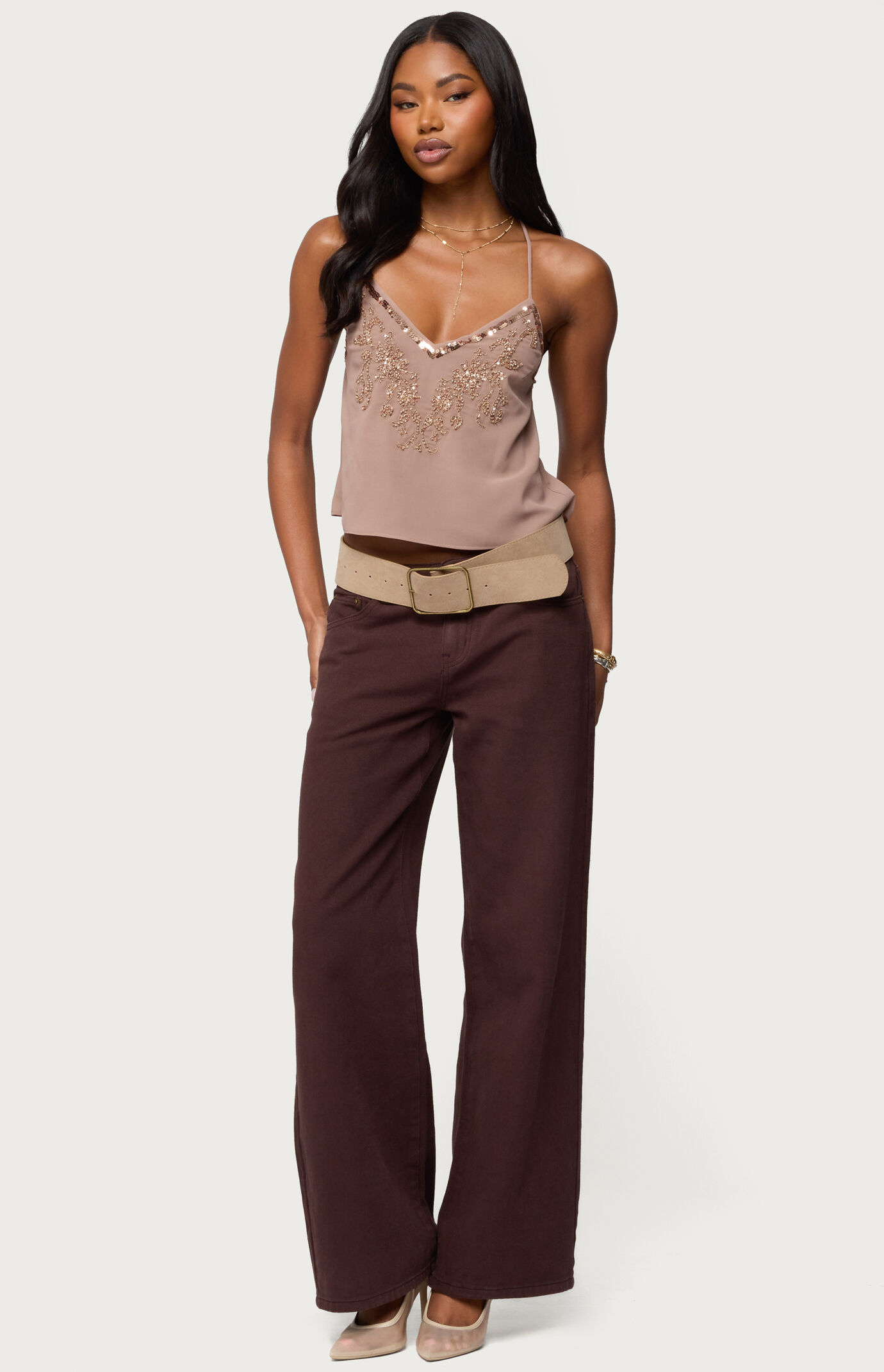 Edikted Sorina Embellished V Neck Top