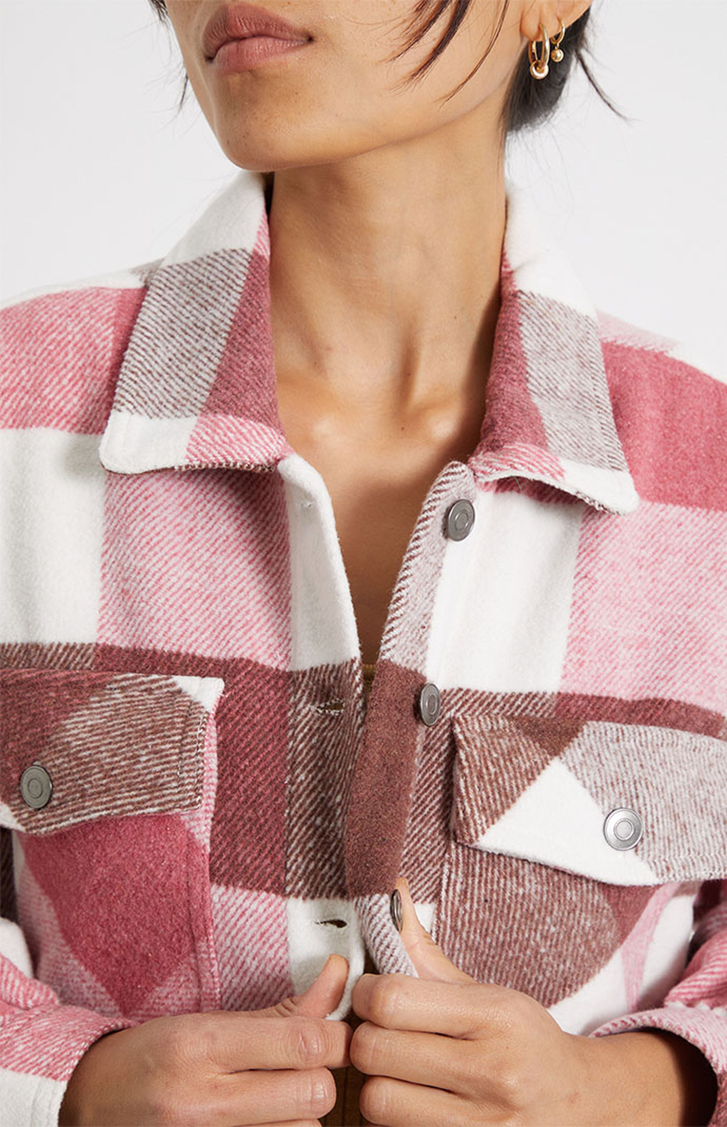 LA Hearts Pink Plaid Cropped Shacket PacSun