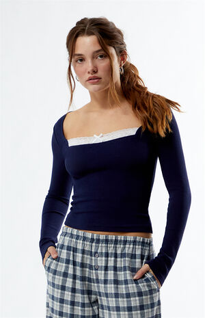 Lace Trim Ribbed Long Sleeve Top image number 1