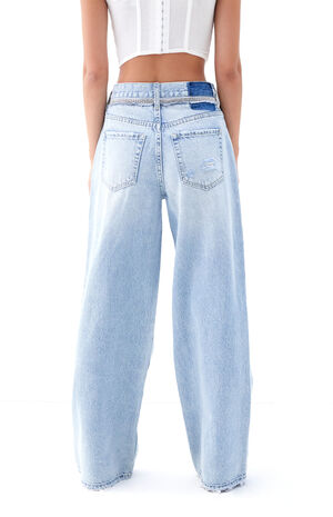 Cali Light Indigo Rhinestone Ripped Baggy Boyfriend Jeans image number 4