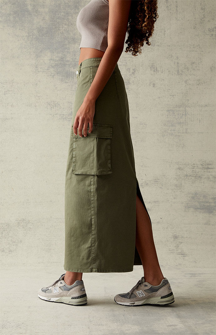 Pacsun Olive Stretch High-Waisted Cargo Midi Skirt | PacSun