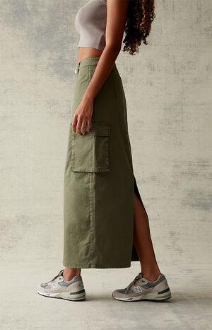 Olive Stretch High-Waisted Cargo Midi Skirt image number 3