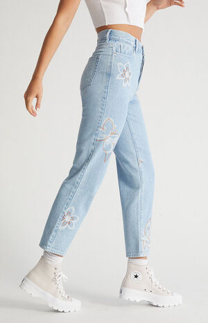 Eco Light Blue Butterfly High Waisted Straight Leg Jeans image number 3