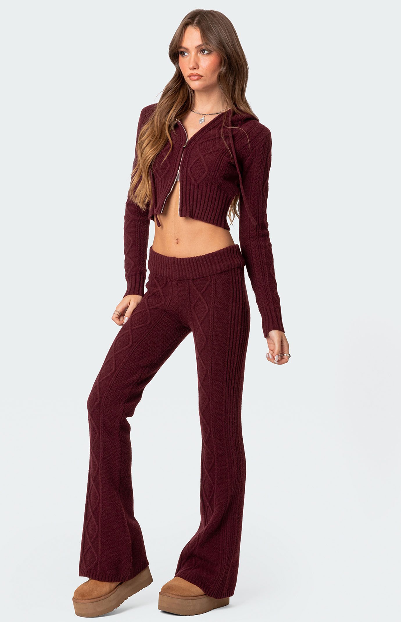 Edikted Ray Cable Knit Flared Pants | PacSun
