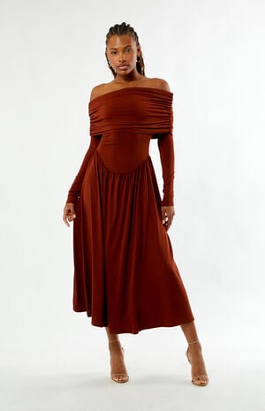 Off-The-Shoulder Ruched Midi Dress image number 1